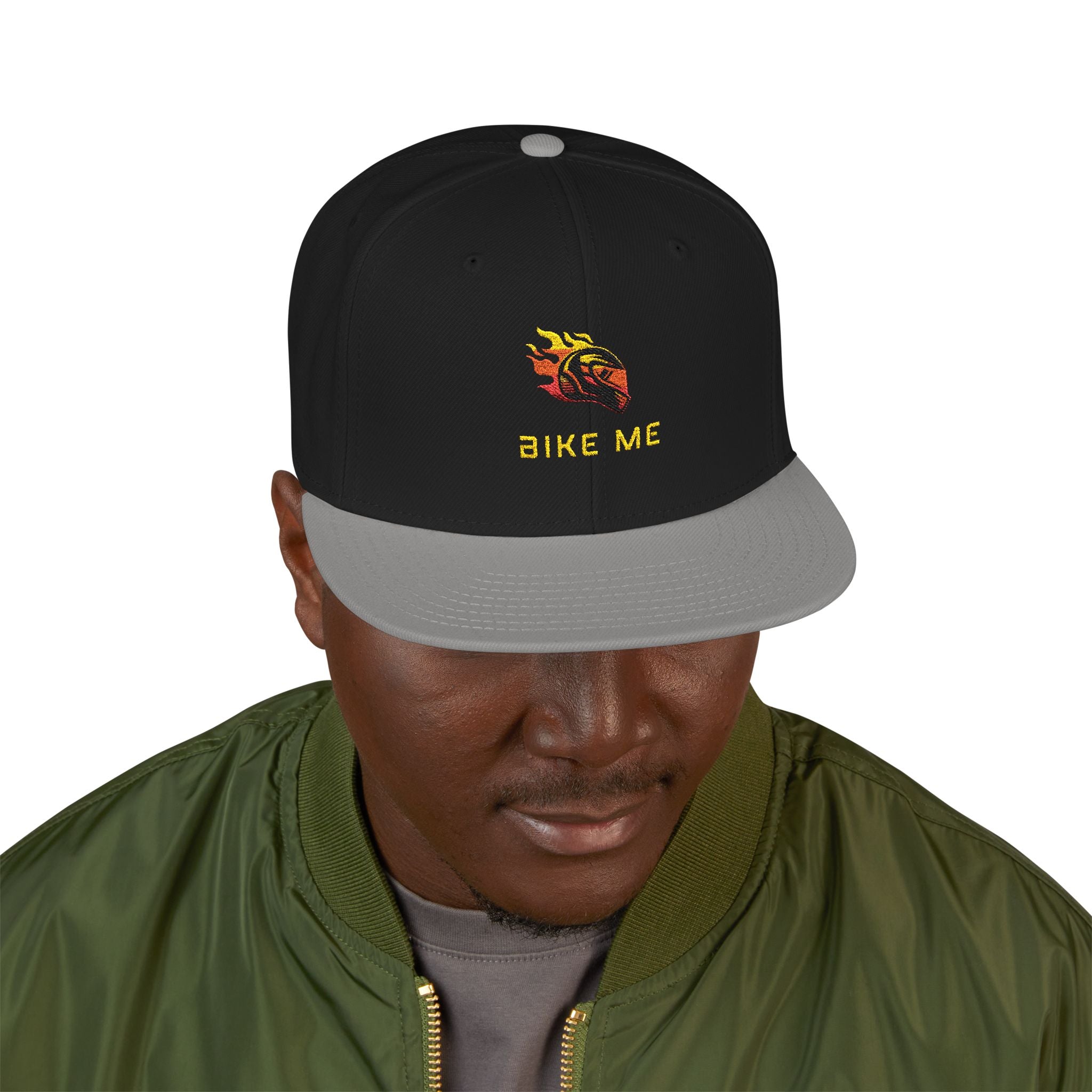 Embroidered Flame Snapback Hat — "Kiss Me" Pixel Fire Design