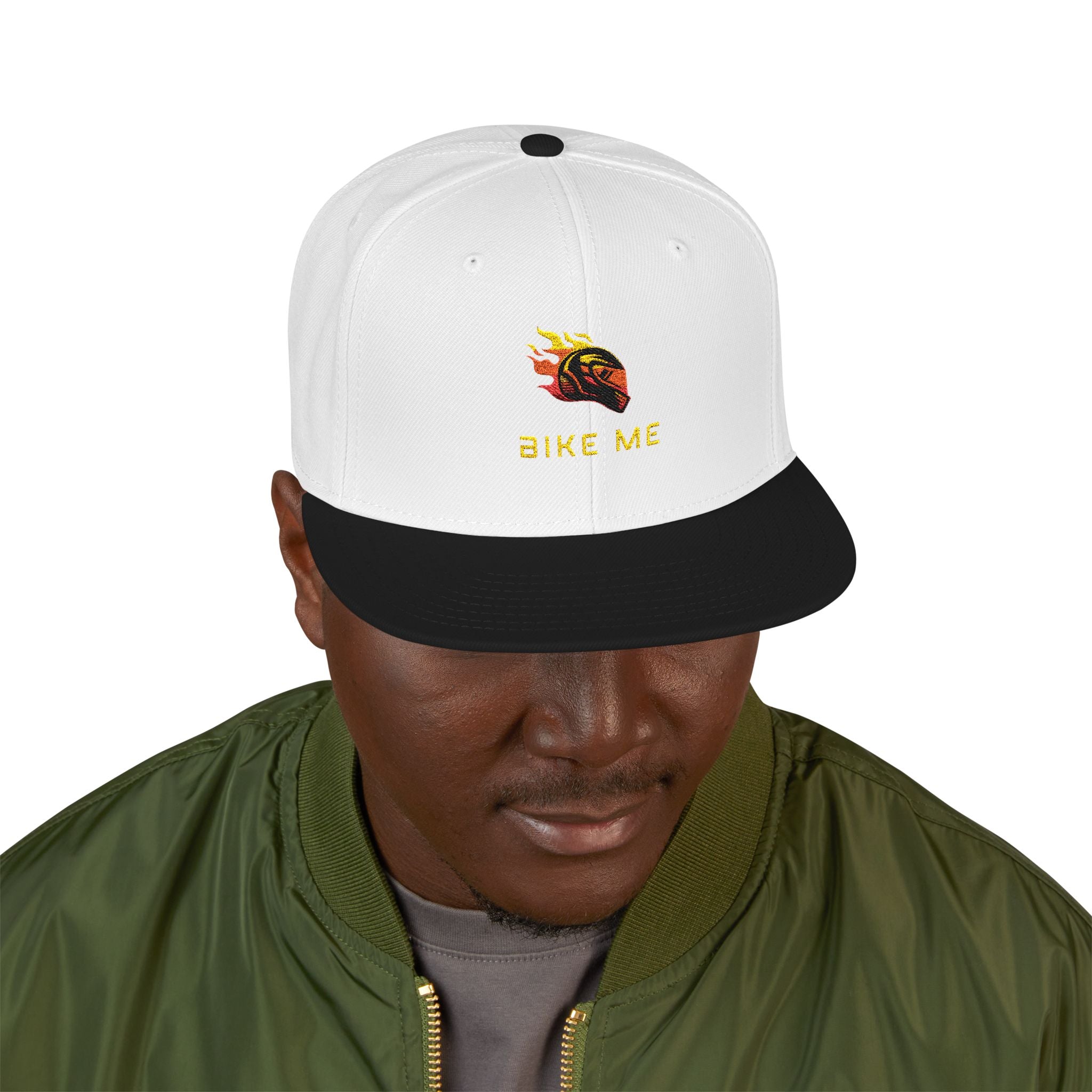 Embroidered Flame Snapback Hat — "Kiss Me" Pixel Fire Design