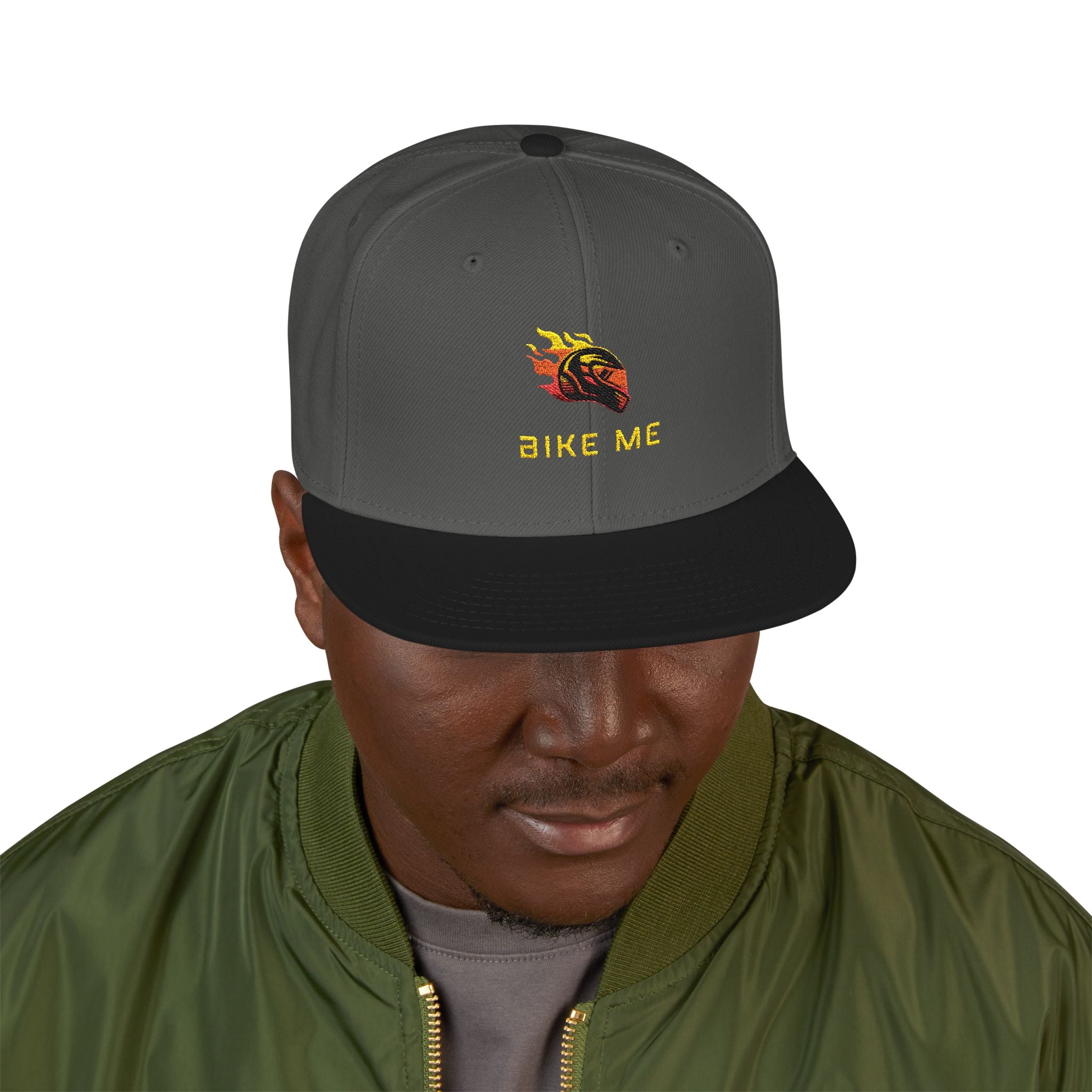 Embroidered Flame Snapback Hat — "Kiss Me" Pixel Fire Design