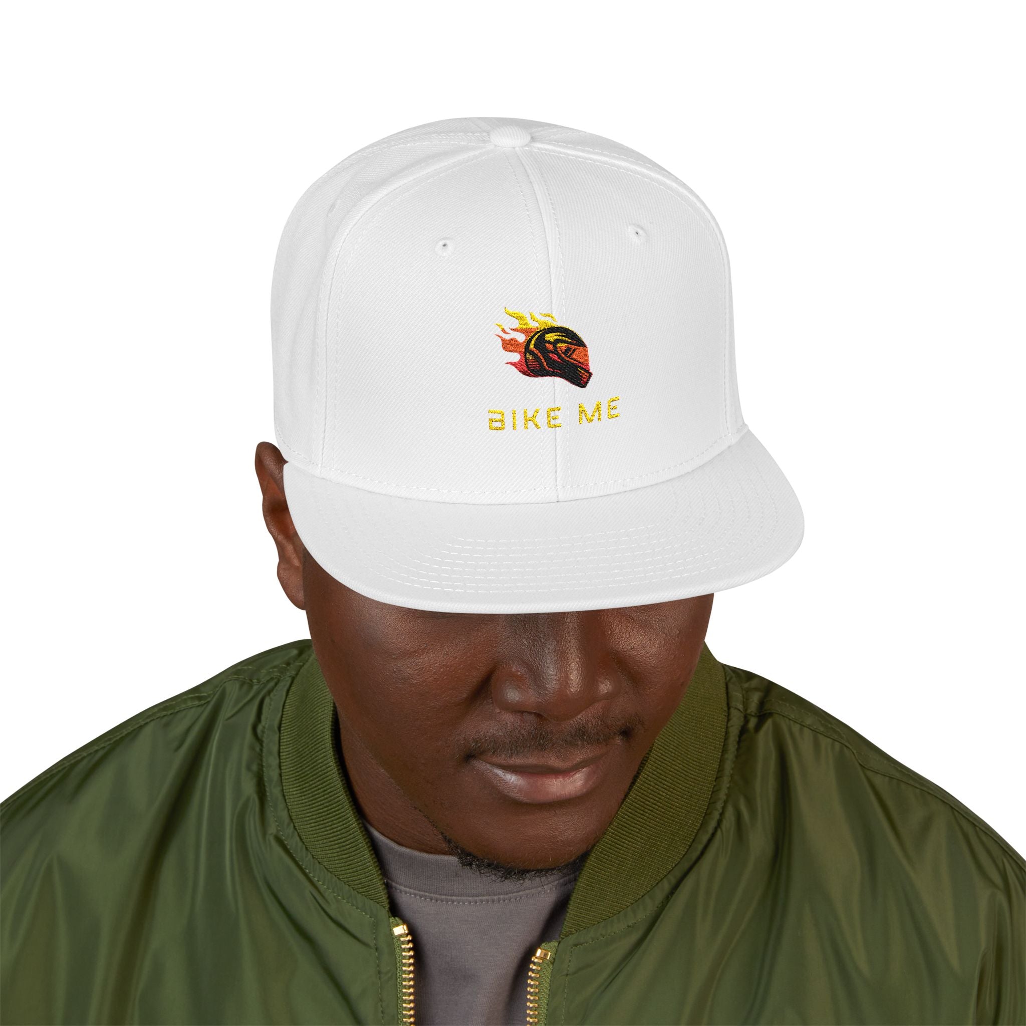 Embroidered Flame Snapback Hat — "Kiss Me" Pixel Fire Design