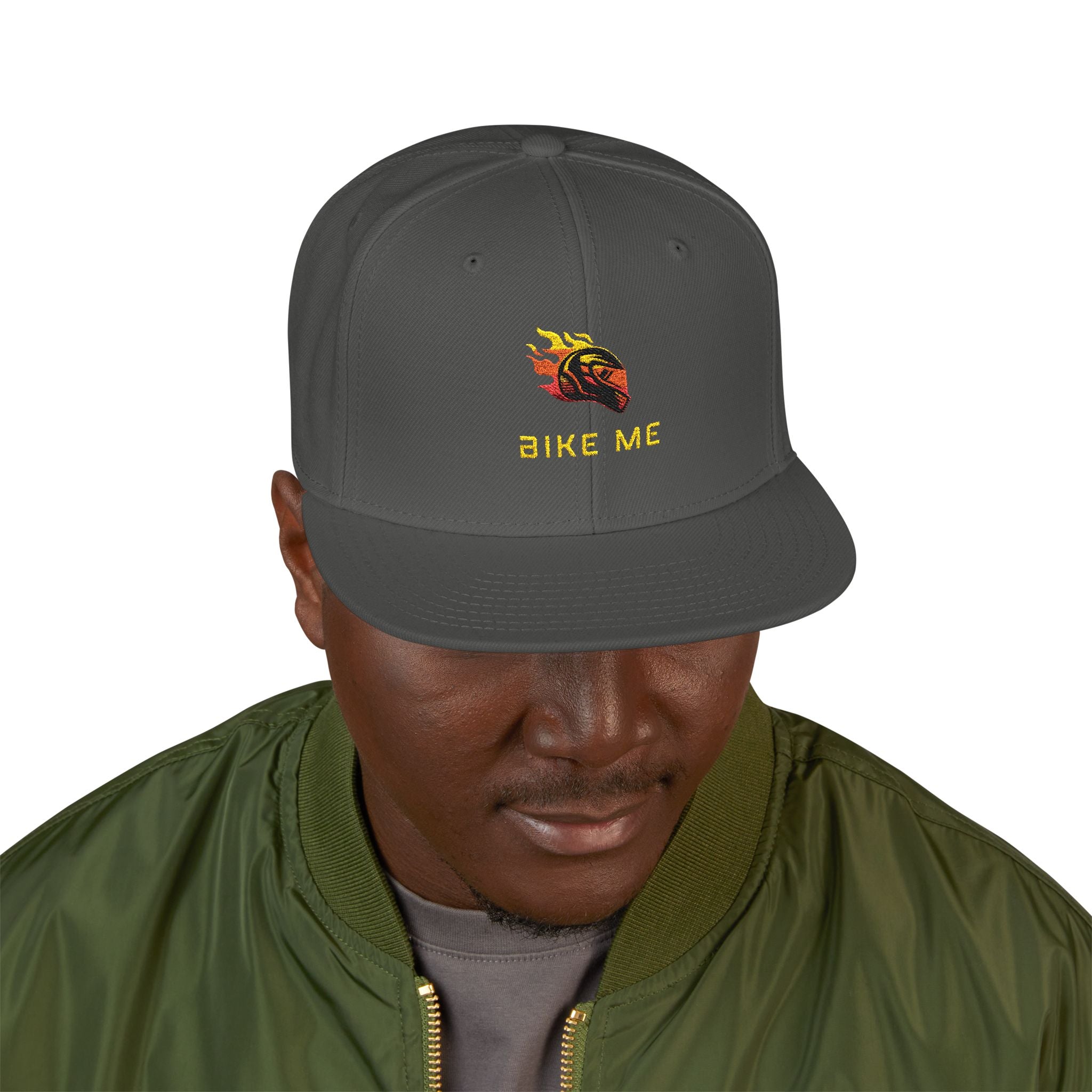 Embroidered Flame Snapback Hat — "Kiss Me" Pixel Fire Design