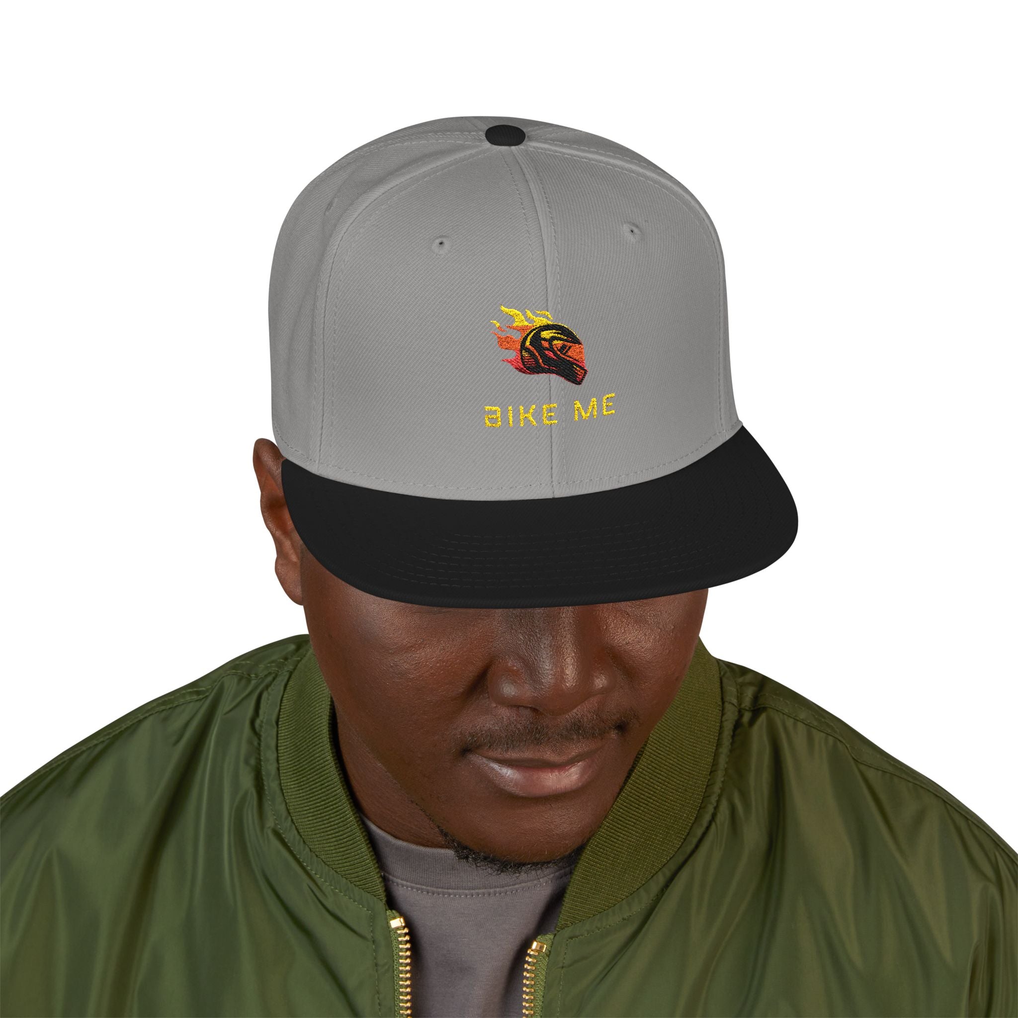 Embroidered Flame Snapback Hat — "Kiss Me" Pixel Fire Design