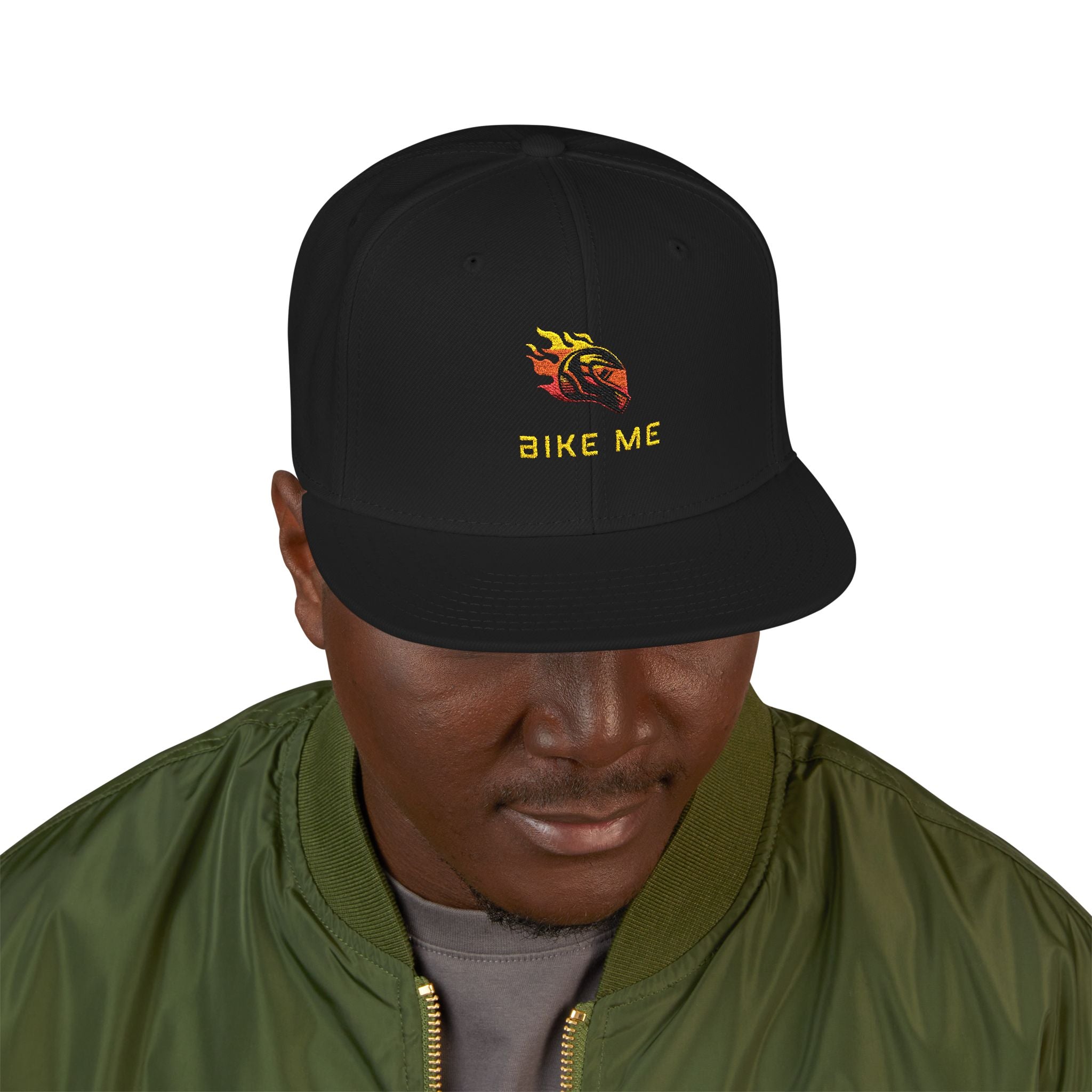 Embroidered Flame Snapback Hat — "Kiss Me" Pixel Fire Design