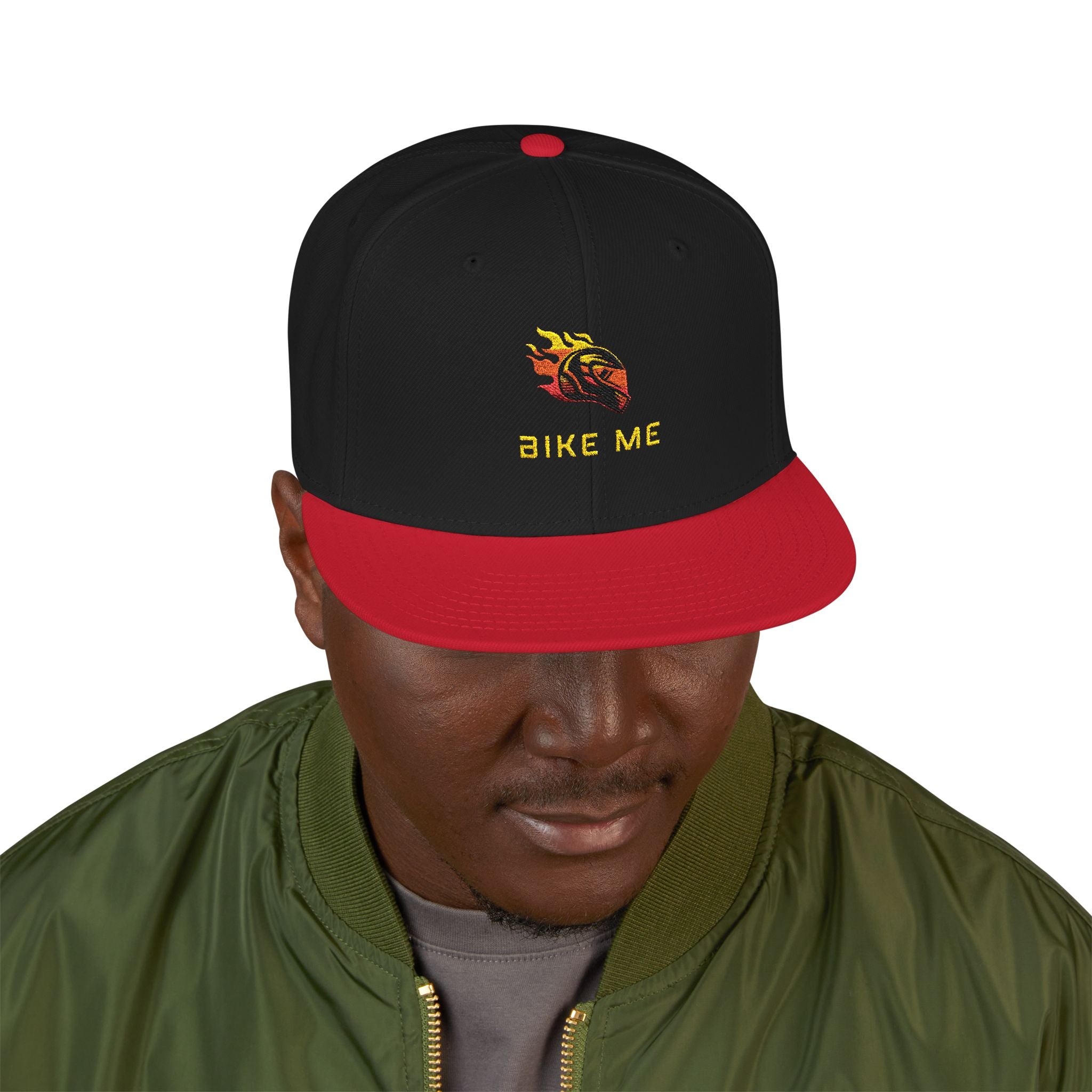 Embroidered Flame Snapback Hat — "Kiss Me" Pixel Fire Design